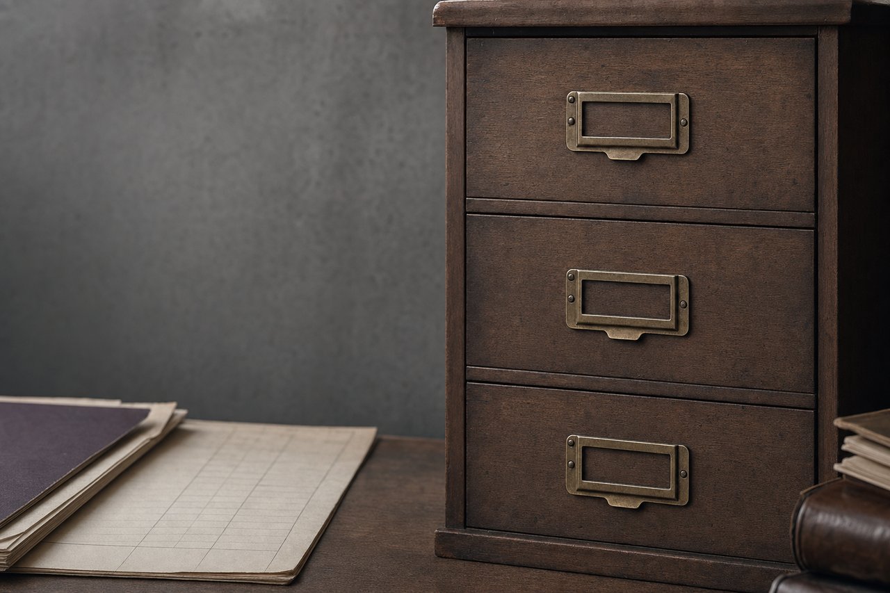 Frente de un cajón de archivador de madera con tres portaetiquetas de latón vacías.