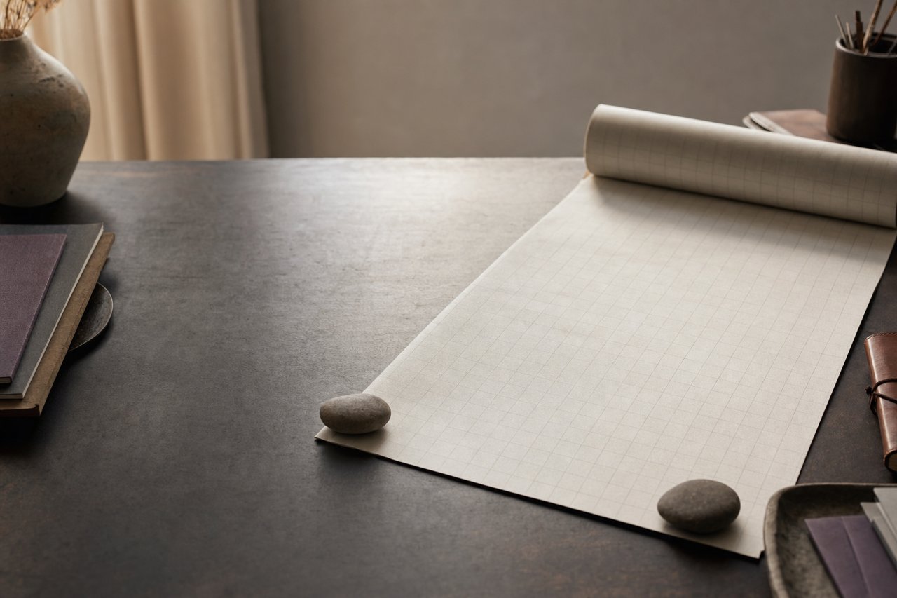 Hoja grande de papel reglado desenrollada sobre una mesa, con las esquinas sujetas por dos piedras lisas.