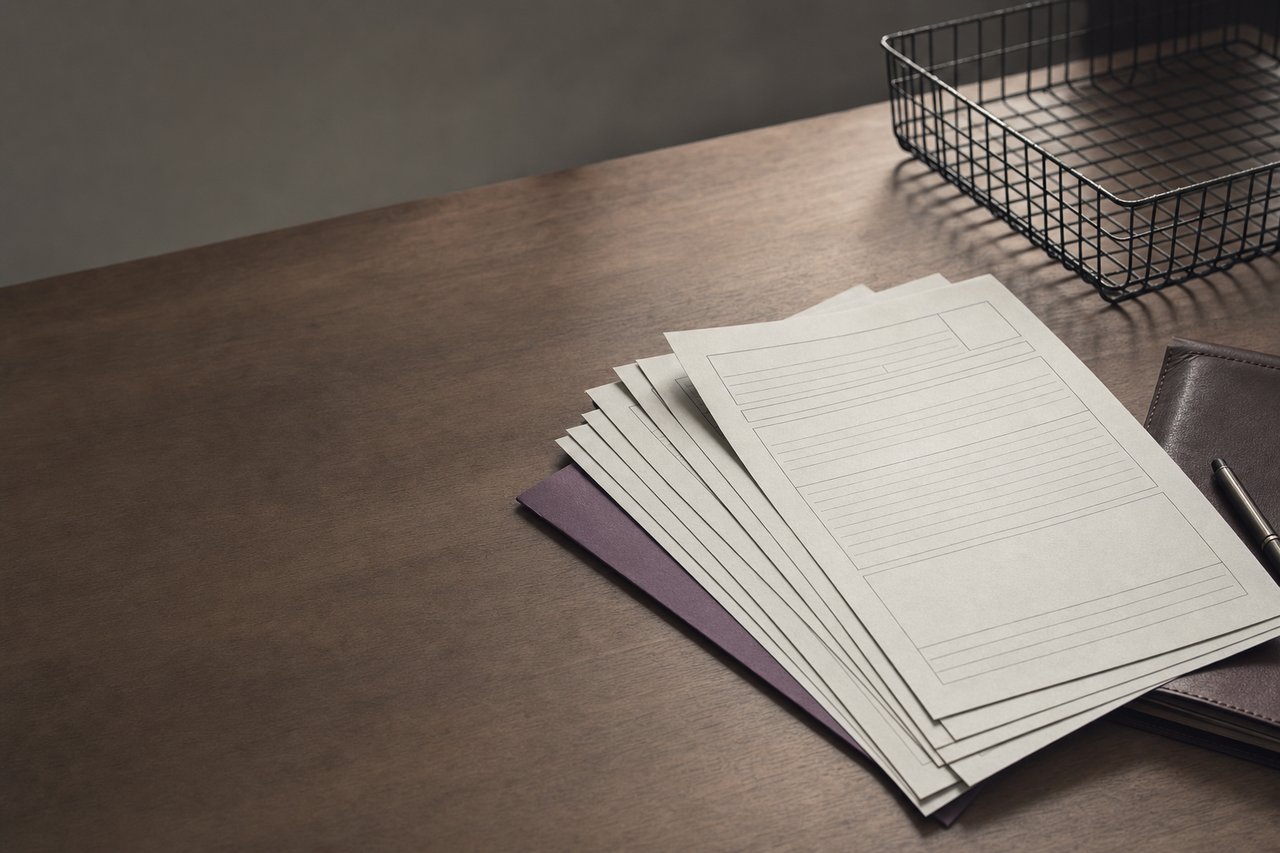 Formularios de solicitud en blanco extendidos sobre una mesa junto a una bandeja de documentos vacía.